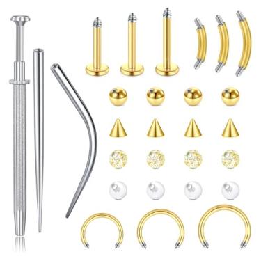 Imagem de VCMART Kit de piercings Gold Mix Style para cartilagem, tragus, hélice, nariz, septo, lábio, labret, barriga, sobrancelha, torre, daith, piercing de concha com piercing afunilado, ferramenta para