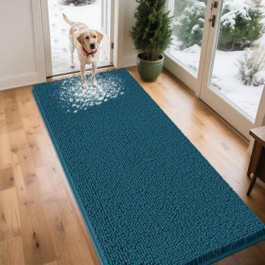 Imagem de IM HOME Tapetes de porta extra grandes azul-petróleo enlameados para cães, tapete absorvente de chenille, tapete de porta interno pesado antiderrapante, tapete macio para cama de cachorro frontal para