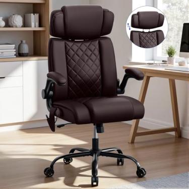 Imagem de HOFFREE Cadeira de escritório executiva ergonômica com suporte lombar para serviço pesado, apoios de braços flip-up, encosto de cabeça ajustável, couro PU, marrom claro