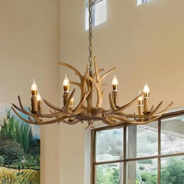 Imagem de Lustre de chifres marrons ajustável em estilo vintage, luminária pendente rústica com veado, decoração natalina, luminárias de resina com chifres para sala de jantar, sala de estar e cozinha