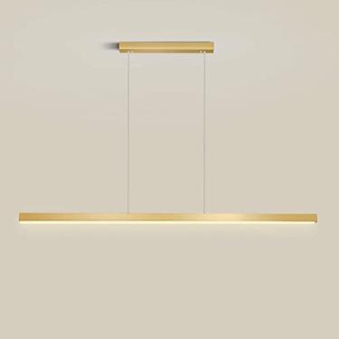 Imagem de Luminária pendente dourada de 80 cm (31,5") com design linear em metal, ideal para sala de jantar, com design moderno de lustre LED de 32 W e iluminação decorativa para ilha de cozinha.
