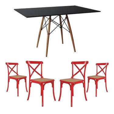 Imagem de Conjunto De Mesa Eiffel Retangular Tampo De Madeira 120X75Cm Preto Com 4 Cadeiras Katrina Vermelha A