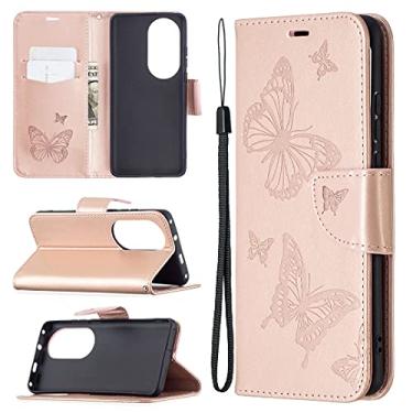 Imagem de HONGYAN Capa de telefone Para Huawei P50 Pro Dois Borboletas Embossing Pattern Capa Horizontal Flip Leather com suporte e carteira e carteira e cordão Capa protetora