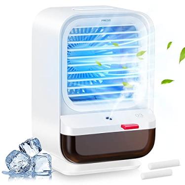 Imagem de OMATSBEH Ar condicionado portátil, ventilador evaporativo recarregável com 3 velocidades e 3 modos de função de umidificação, refrigerador de ar pessoal sem fio com luz noturna para casa (branco)