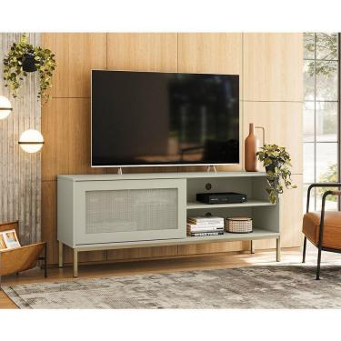 Imagem de Rack Para Sala De Estar Tv 55 Polegadas Palha Buriti - Off White Acetinado - Cor: Off White