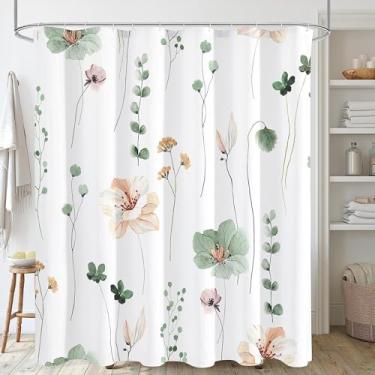 Imagem de Cortina de chuveiro floral aquarela, cortina de chuveiro floral de banheiro de arroz azul, conjunto de cortina de chuveiro de tecido impermeável branco simples e moderno com ganchos 70 x 70 polegadas