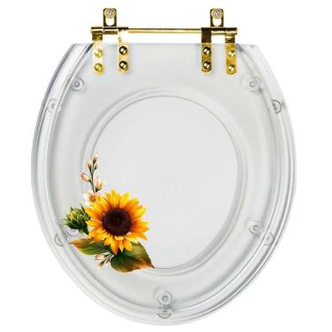 Imagem de Assento Sanitário Poliester Decorada Convencional Transparente Girassol Com Ferragem Dourada