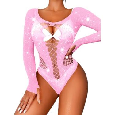 Imagem de Kaei&Shi Roupas Rave para mulheres, body de strass serve de 0 a 16, blusas sexy de dançarina exótica, lingerie arrastão stripper plus size, Rosa claro, 0-16