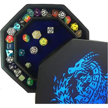 Imagem de Fantasydice Bandeja de dados Blue Fire Dragon com tampa – octógono de 23 cm com área de preparação de dados, comporta 5 conjuntos de dados – perfeita para D&D, Call of Cthulhu, Shadowrun e todos os