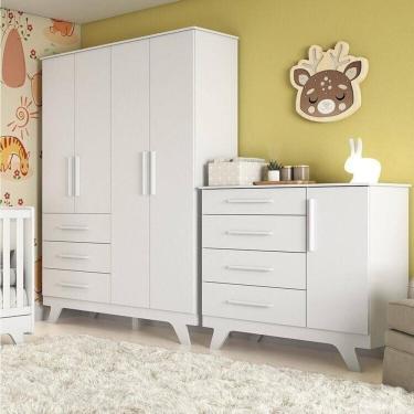 Imagem de Quarto Infantil com Guarda Roupa 4 Portas e Cômoda 1 Porta Kakau Retrô 100% Mdf Espresso Móveis Branco Brilho