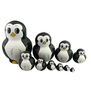 Imagem de Conjunto de 10 brinquedos empilháveis de pinguim com tema de animais, boneca russa artesanal, brinquedo de madeira para decoração de quarto infantil