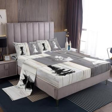 Imagem de Manfei Jogo de cama solteiro de xadrez internacional, jogos esportivos de xadrez dos namorados, decoração de quarto de meninos e meninas, tábua de madeira rústica retrô cinza branco 3 peças (elástico