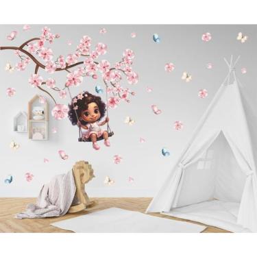 Imagem de Adesivo de Parede Infantil Menina Morena Balanço e Cerejeira - Colakoa