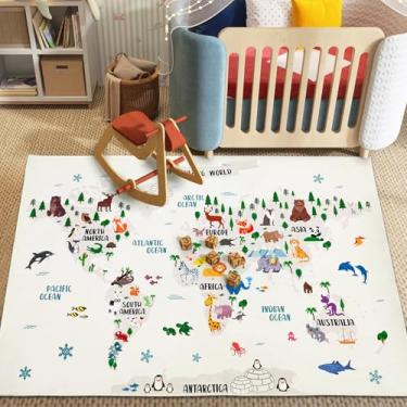 Imagem de Lacomfy Tapete infantil com mapa-múndi para brincar animal para quarto de 1,8 x 1,5 m, tapete educativo para sala de jogos, tapetes macios para crianças, para meninos, meninas, sala de estar