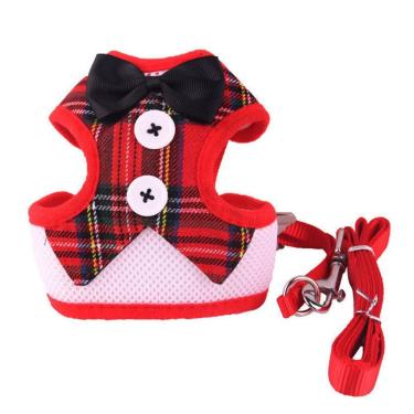 Imagem de Coleira Peitoral Xadrez Vermelha C/ Gravata Cao Gato Pet