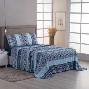 Imagem de Jogo de Cama 4 Peças 100% Algodão Lençol com Elástico e Lençol de Cima + Fronhas com Zíper – Anti Pilling – Acabamento em Viés - Solteiro, Casal, Queen e King. (Azul-petróleo, Queen)
