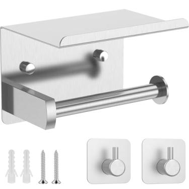 Imagem de Suporte de papel higiênico com prateleira de telefone, suporte de rolo de papel higiênico de parede com 2 ganchos adesivos para toalhas, dispensador de armazenamento de bobina de lenços de aço