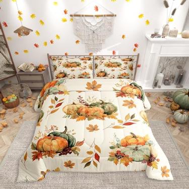 Imagem de Erosebridal Jogo de cama infantil de outono, abóbora e folhas de outono, colcha de folhas de outono de ação de graças, decoração de quarto rústica de colheita de fazenda com 1 fronha, leve