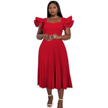 Imagem de Vestido feminino AOMEI com gola quadrada vermelha com babados e manga 