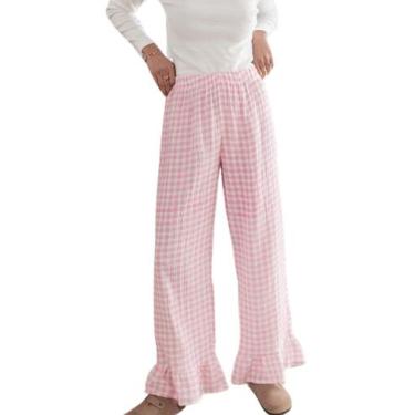 Imagem de Calça lounge de perna larga com estampa xadrez codcm feminina rosa tam