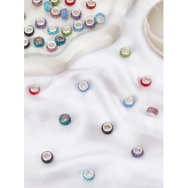 Imagem de 32 peças de contas de argila de polímero de 8 cores com strass, contas soltas Rondelle com núcleos de latão banhados a cor prata, berloque de fabricação de joias a granel para artesanato DIY, 11 ~ 12