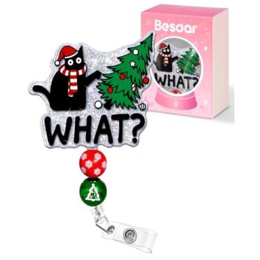 Imagem de Besoar Carretel de crachá de Natal retrátil - Suporte engraçado para crachá de árvore de Natal de gato preto com clipe jacaré, presente para enfermeira trabalhadora de escritório, acessórios de