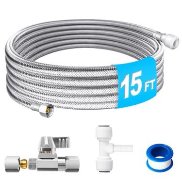 Imagem de Kit de linha de água para geladeira – Linha de água de máquina de gelo de aço inoxidável de 15FT para conectar o sistema RO, mangueira interna PEX linha de água da geladeira com empurrar 1/10.2 cm x 1