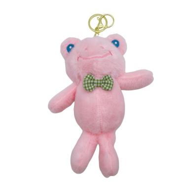 Imagem de Chaveiro de pelúcia rosa fofo adorável com laço verde de 13,5 cm