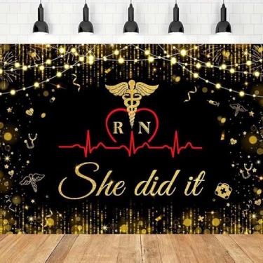 Imagem de Fundo fotográfico She Did It Enfermeira Graduação Preto Dourado Congrats Gliter Enfermeira Grad Celebrate Class of Party Decor Estetoscópio Heart beat Curve Backdrop (Preto, 2,4 x 1,8 m)