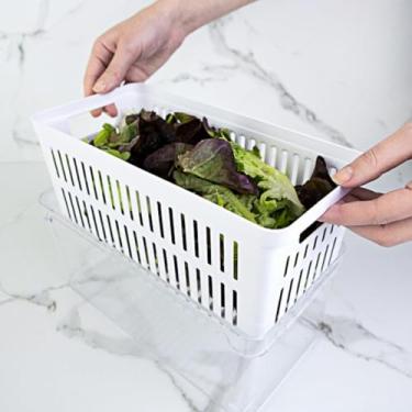 Imagem de Organizador de Salada para Geladeira, Recipiente Plástico Branco com Ventilação, Bandeja para Armazenamento de Vegetais e Folhas