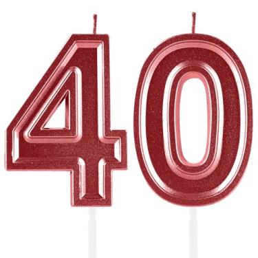 Imagem de Velas de aniversário de 40 anos, numerais vermelhos 40 topo de bolo, decoração para meninas e meninos, tema de aniversário, festa de casamento, aniversário de casamento, suprimentos para celebração