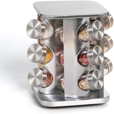 Imagem de Porta Temperos Giratório Inox com 12 Potes de Vidro – Suporte para Condimentos e Especiarias – Organizador de Temperos Cozinha Compacto – Base Giratória 360º – Design Moderno, Vidro Transparente