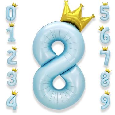 Imagem de AULE Número de 8 balões azuis claros grandes de 101 cm com coroa grande número de hélio balões 0-9 jumbo gigante feliz 8º aniversário decorações de festa enorme Mylar artigos de festa de aniversário