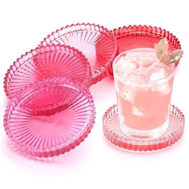 Imagem de Queekay Conjunto de 4 porta-copos de vidro colorido vintage porta-copos de vidro para bebidas decoração de mesa de centro para escritório, cozinha, bar, sala de jantar, sala de estar, pátio (série