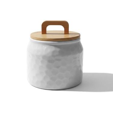 Imagem de Pote Organizador Cerâmica Stoneware Alça Bambu 700Ml Branco - Ricca Ho