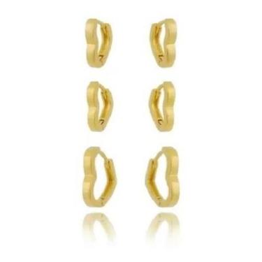 Imagem de Trio Brinco Argola Coração Dourado Folheado A Ouro 18K - De Castro Joi