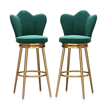 Imagem de Conjunto de 2 bancos de bar giratórios acolchoados de veludo com pernas de metal dourado, bancos de bar modernos de meados do século, costas baixas para cozinha, ilha, casa, pub, cadeiras de café da