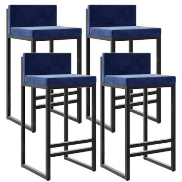 Imagem de Banquetas de veludo com altura para balcão com apoio para os pés nas costas para cozinha, banquetas modernas de metal, cadeiras de bar estofadas, bancos de ilha - azul, 4 peças, 75 cm de altura