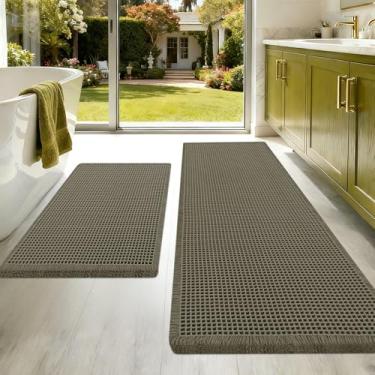 Imagem de Conjunto de 2 peças de tapete de banho waffle atualizado, verde acinzentado, super absorvente, antiderrapante, secagem rápida, tapetes de banheiro com borlas, laváveis à máquina, ultramacios, tapetes