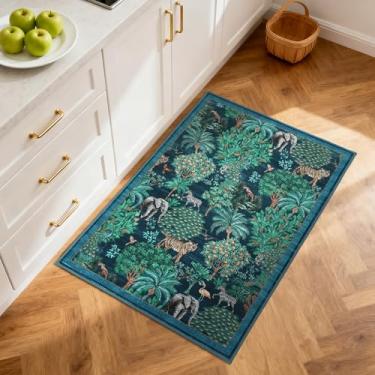 Imagem de GarveeHome Tapete de selva 5 x 7 cm com estampa de animal, antiderrapante, lavável, para entrada, cozinha interna, tapete de porta pequeno, tapete florestal para quarto, decoração de casa, azul