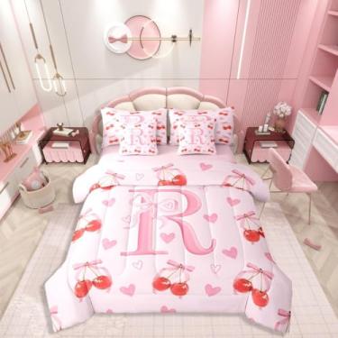 Imagem de Conjunto de cama casal com letra R com monograma Kawaii, laço kawaii, estilo princesa, inclui edredom, conjunto de lençol, fronhas e fronhas, decoração de quarto de coração fofo para amantes de cereja