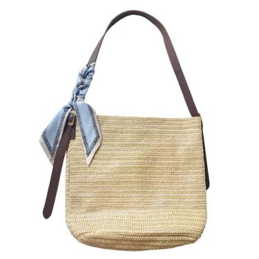 Imagem de FUYOTILY Bolsa de praia grande de palha, bolsa feminina tecida à mão com bolso com zíper - Bolsa de verão leve 2025 para viagens e trabalho, Estilo A cáqui, Large