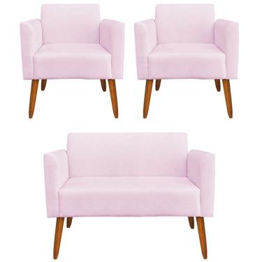 Imagem de Namoradeira E 2 Poltronas Pés Palito Madeira Suede Rosa Bebê