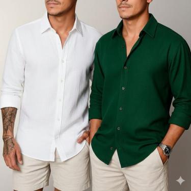 Imagem de Kit 2 Camisa de Linho Manga Longa Masculina Social Confortável Casual 