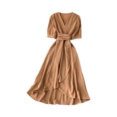 Imagem de Vestido Feminino Com Decote Em V, Cor Sólida, Manga Bufante, Borda Irr