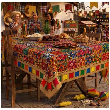 Imagem de Toalha de Mesa De tecido Sublimado Festa Junina Arraia Floral Chita Pa