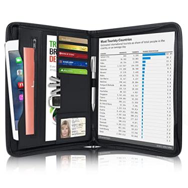 Imagem de Godery Fichário com zíper para portfólio, carteira de negócios de couro e bloco jurídico de 21 x 28 cm, organizador de materiais de escritório, bolso preto com zíper, agendas, currículo, pasta para viagens e entrevistas