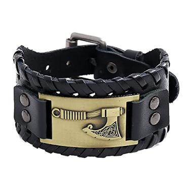 Imagem de XLTFZY Pulseiras Viking masculinas femininas pulseira vintage nórdica única machado pulseira nó couro pagão largo de talismã/bronze