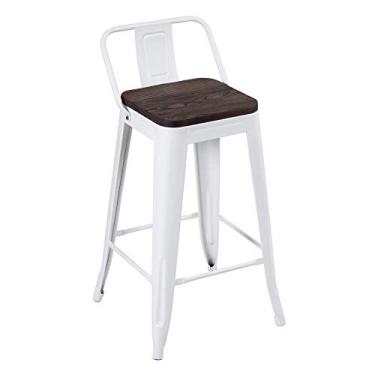 Imagem de Loft7, Banqueta Iron Tolix com encosto e assento de madeira rústica escura Kit 66 cm Kit Branco