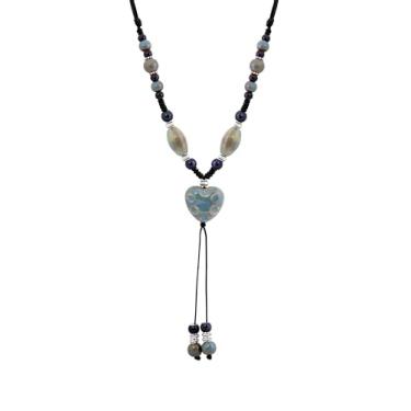 Imagem de MINACHI Boho Hippie Colar colorido de cerâmica com contas de coração, joia boêmia, presente de verão para mulheres, long, Zinco Cerâmica Madeira, Sem Pedra Preciosa